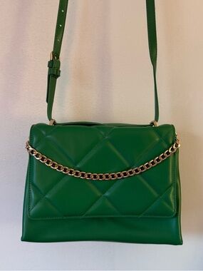 Green Faux Leather Quilted Crossbody Bag
